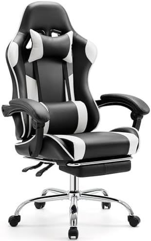 Elevon Ergonomic Video Game Computer Chairs with Footrest & Comfortable Lumbar Support,Height Adjustable Reclining Chair in PU Leather with Headrest and Fixed Armrests, 360° Swivel, Black&White
