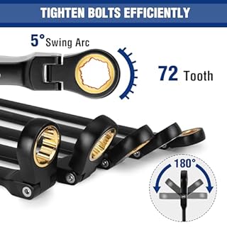 WORKPRO Extra Long Flex-Head Ratcheting Wrench Set, 5-piece Anti-Slip Double Box Wrenches Set, Metric 8-19 mm, 72-Teeth, Cr-V Steel and Black Electrophoretic Coating Wrenches with Rolling Pouch