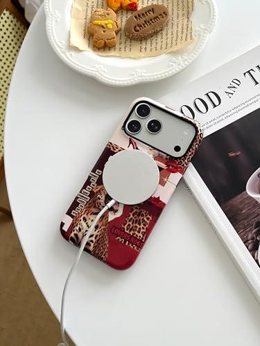 Coque iPhone 17 Pro léopard rouge avec collage esthétique guépard et support Magsafe