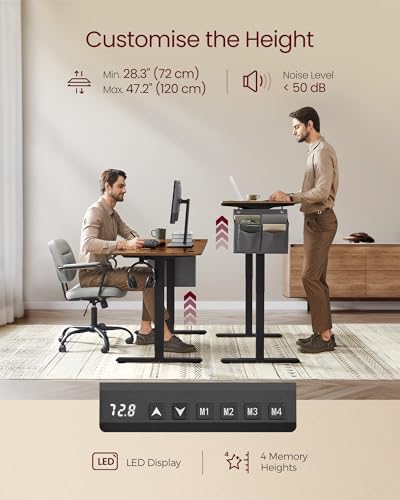 VASAGLE Electric Standing Desk, Height Adjustable Desk, 60 x 120 x (72-120) cm, 4 Memory Heights, Storage Pocket, for Home Office, Study, Rustic Brown and Ink Black LSD132K02