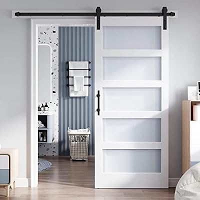 ROYMELO 36x80 Inch Glass Sliding Barn Door Slab and 6.6ft Hardware Kit Included, 5 Frosted Glass, LVL Wood Panel Covered with White Water-Proof Scratch-Proof PVC Surface, Simple DIY Assembly