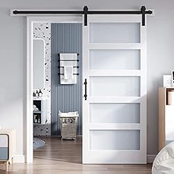 34x84 Inch Glass Sliding Barn Door Slab and 6ft Hardware Kit Included, 5 Frosted Glass, LVL Wood Panel Covered with White Water-Proof Scratch-Proof PVC Surface, Simple DIY Assembly
