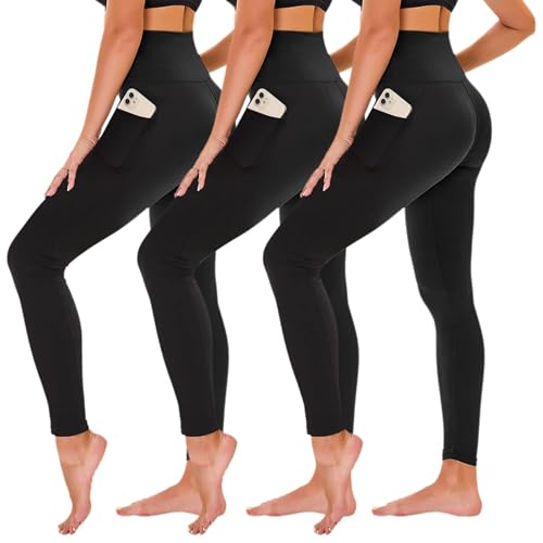 TNNZEET 3 Pack Leggings for Women - Black Tummy Control High Waisted Soft Yoga Pants for Workout Gym Running with Pockets
