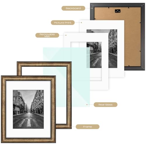 Golden State Art, 11x14 Photo Frame with Mat for Pictures 8x10 and Real Glass (Dark Gold Brown & Bronze Pewter Panel with White Color Mat, 1.25 Inch Frame Border) by Golden State Art - Used condition - Image 4