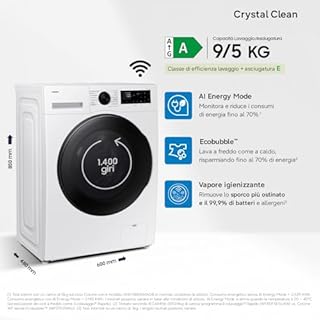 Samsung Lavasciuga Crystal Clean Slim WD90DG5G34BE, 9+5 kg, Wifi, Ecobubble, Vapore Igienizzante, AI Energy Mode, Carica Frontale, 60L x 85H x 48P cm