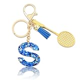 Navy Sugar Sports letter S keychain with badminton racket charm - bags and gifts | fashionable accessories for sports enthusiasts and students | neutral | shiny high-end backpack key accessories
