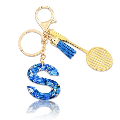 Navy Sugar Sports letter S keychain with badminton racket charm - bags and gifts | fashionable accessories for sports enthusiasts and students | neutral | shiny high-end backpack key accessories