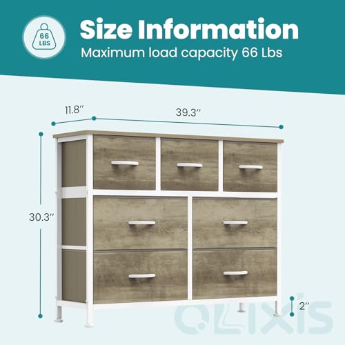 Image of OLIXIS 7 Drawers Fabric Dresser for Bedroom, Storage Tower Organizer for Living Room & Entryway, Sturdy Steel Frame, Wooden Top & Easy-Pull Bins, Closet Chest for Clothes, Oak Greige