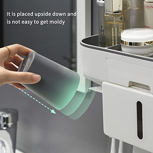 Bathroom Toothbrush Holder Wall Mounted Automatic Toothpaste Dispenser Electric Toothbrush Holder With Toothpaste Squeezer, Drawer Tray, Storage Drawer & 2 Cups + 4 Toothbrush Storage Slots (Grey) #TOP1