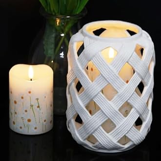 Eywamage White Floral Flameless Pillar Candles with Remote, Flickering Spring Daisy Battery LED Candles Set of 2