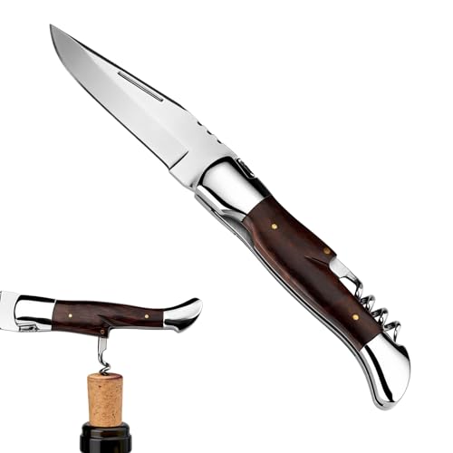 SPITZKANTE Taschenmesser 42a-konform, Zweihandmesser mit Korkenzieher, sicherem Liner Lock und Holzgriff, EDC Klappmesser für Camping und Wandern