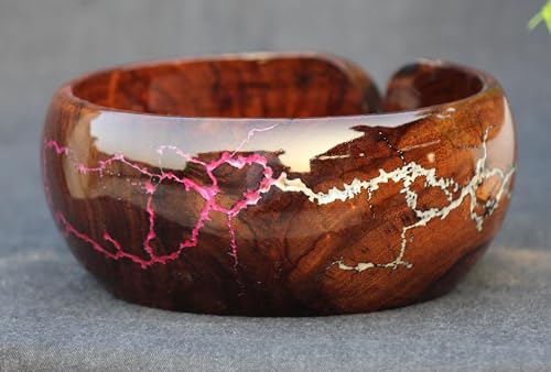 Image of Handmade Wooden Yarn Bowl for Knitting Yarn Ball Holder - Lichtenberg Figure Yarn Bowl - Yarn Bowls with Holes Crochet Bowl Holder - Resin Yarn Storage Bowl 7 inch x 4 inch inches (Pink & White)