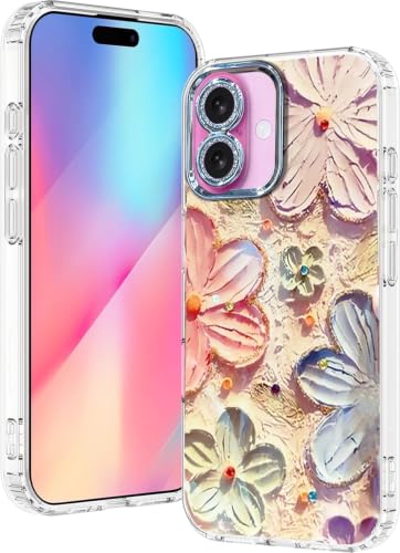 Image of VONZEE Laser Flower Case Compatible with iPhone 16, Colorful Oil Painting Design, Shockproof PC+TPU Hybrid Cover, Full Camera Protection Glossy Cute Protective Case for Women & Girls, Pink