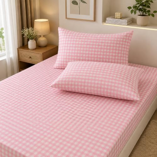 Image of Cotton Feel Glace Cotton Queen Size Elastic Fitted Bedsheet with 2 Pillow Covers (78 x 60 Inches, Pink Checks)