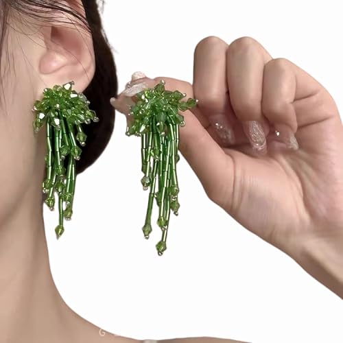 Native Beaded Tassel Earrings Boho,Fringe Drop Statement Seed Bead Tribal Dangle Earrings for Women (ss,Green)