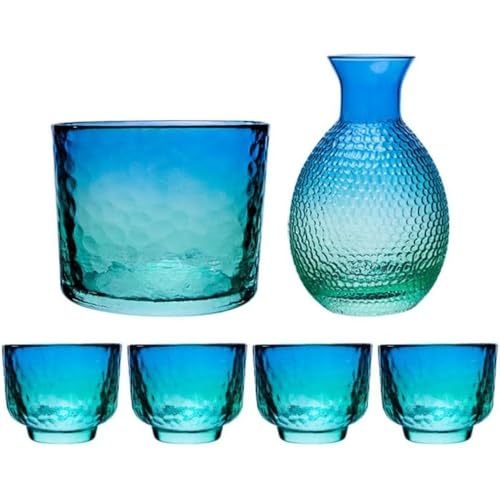 ITMEAT 冷酒器セット 耐熱ガラス製 滑り止め付き 燗瓶 おちょこ 日本酒用 徳利 グラス ギフトセット 還暦祝い 退職祝い 誕生日プレゼント 居酒屋 バー 多用途 (ブルー)