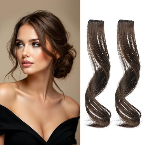 REECHO Long Side Air Bangs, Wavy Curly Clip in Curtain Bangs Front Side Bangs Face-Framing Highlights for Women Daily Use 2 PCS Set Long Temples-Light Chocolate Brown