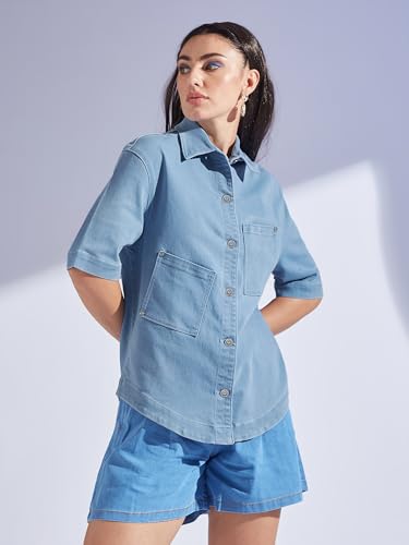 Image of Miss Chase Women's Round Neck Half Sleeves Cotton Lace and Pearl Detailing
