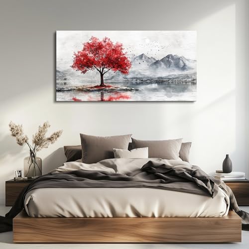 QIYILEXWART Canvas Wall Art For Living Room Wall Decor For Bedroom Office Wall Decoration Red Tree Landscape Painting Farmhouse Pictures Artwork Room Aesthetic Home Decor 20x40 In