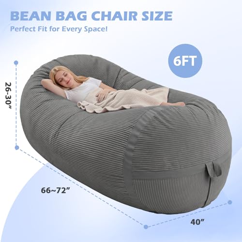 Image of 6FT Bean Bag Chair 6'Giant Bean Bag Chairs with Adults, Large Beanbag Chair | Bean bag Lounger with Machine Washable Cover Corduroy Fabric, Comfy Chairs for Living Room Bedroom Dorm, Darkgrey
