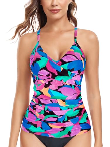 Image of RELELCIGA Women's Tankini Top V Neck Ruched Tummy Control Bathing Suit Top
