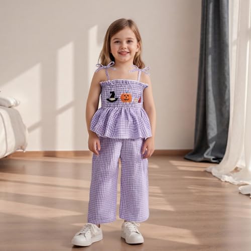 Kayotuas Halloween Toddler Girl Outfits Pumpkin Smocked Spaghetti Strap Tank Top Dress Gingham Plaid Pants Halloween Clothes2
