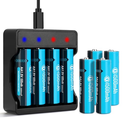 BLUE GIFT Rechargeable Lithium AA Batteries (1500mAh) – 8 pack, with Charger.