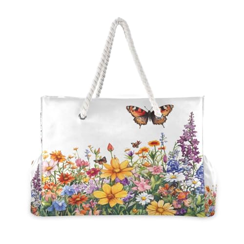 Spring Wildflowers and Butterflies Beach Bag with Top Zipper Closure, Waterproof Pool Bag, Large Beach Tote for Women#8002