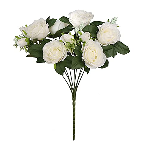 Bouquet de Fleurs artificielles Faux Bouquet de Roses en Plastique 9 têtes de Fleurs décoratives pour centres de Table de Mariage décoration de Jardin de Bureau à Domicile Blanc Cover
