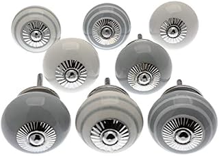knoa Ceramic Door Knobs in Grey and White Plain and Stripes - Pack of 8