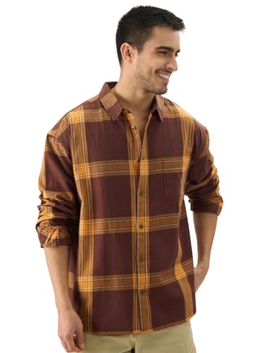 Image of The Souled Store Plaid: Sirocco Men and Boys Collared Neck Long Sleeve Cotton Button Down Relaxed Shirts Brown Shirts Casual Button-Down Full Sleeve Plaid Checks Casual Workwear Fashionable Stylish