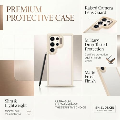 Image of amazon basics Frosted Matte Case for Samsung Galaxy S25 Ultra 5G | Built-in Flip-Out Camera Lens Stand | Translucent Back with Contrast White Bumper | Shockproof Protective Cover