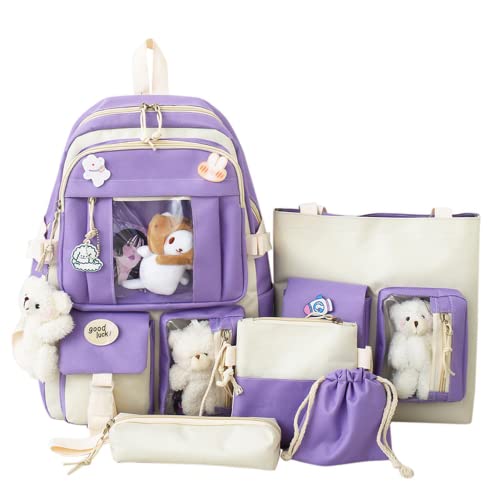 Kawaii Aesthetic School Backpack 5Pcs Combo Set with Cute Bear Pendant Pins Daypack Small Laptop School Bag Essential Kit