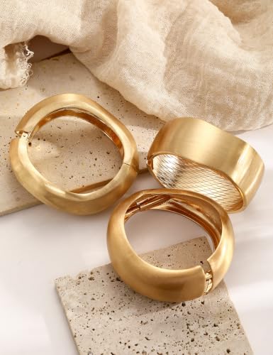 Image of Chunky Gold Bangle Bracelets for Women, Dainty 14k Gold Plated Big Stackable Bangles Set, Trendy Statement Cuff Bracelet Stack Fashion Jewelry Gifts