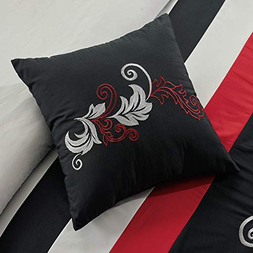 Chezmoi Collection Napa 7-Piece Luxury Leaves Scroll Embroidery Bedding Comforter Set (Full, Red/Gray/Black)
