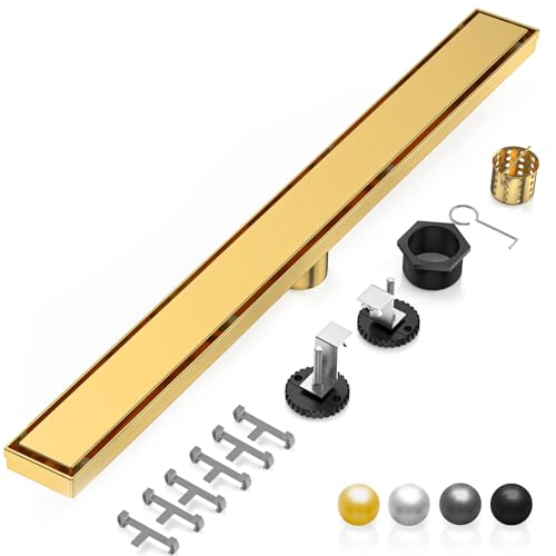 Image of DLONE Linear Shower Drain - 48 Inch Brushed Gold, with Tile Insert Panel