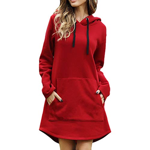 Zltang Mujer Sudaderas Largas con Capucha Vestido de Sudadera Oversize Otoño Invierno Color Sólido Dobladillo Irregular Suelto Hoodie Largo Rojo S