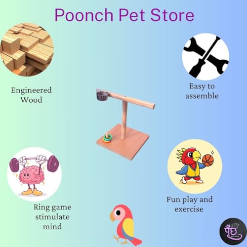 Image of Poonch Wooden Bird Training Tstand with Feeder Cup and Ring Game and Base for Budgies Cockatiel and Other Parrots