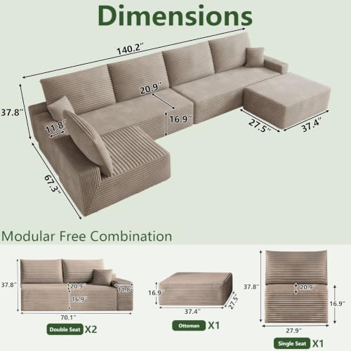Image of Oversized Modular Sectional Sofa Couch, Large 6 Seater Corner Sofa Modern U Shaped Sectional Couch with Ottoman Cloud Couches for Living Room, Office, Spacious Space, Corduroy, No Assembly, Camel