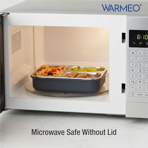 Image of WARMEO BENTO Microwave-Safe Stainless Steel Lunchbox with 3 compartments,bpa Free,Perfect for Office, School, Travelling, 750ml-Grey