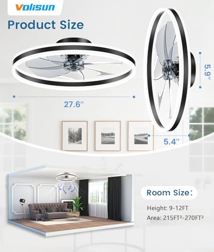 Image of VOLISUN Low Profile Ceiling Fans with Lights and Remote, 27.6in Flush Mount Ceiling Fans with Light, 3000K-6500K Dimmable Fandelier LED Fan Light, Black Bladeless Ceiling Fans with Lights for Bedroom