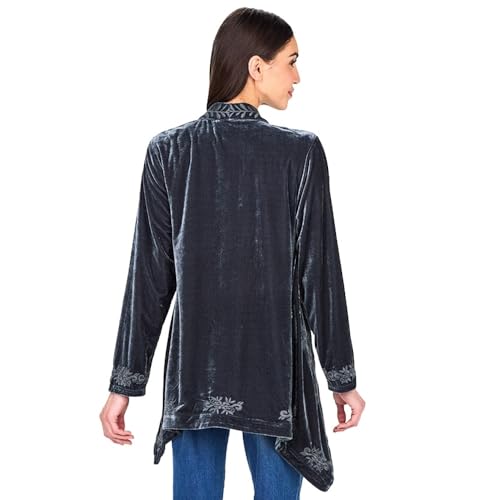 Image of Women's Embroidered Velvet Open Front Cardigan Jacket - Gray 2X