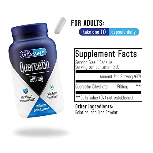 Quercetin 500Mg Per Serving - High Potency Immune Support - 200 Easy To Swallow Veggie Capsules - Natural Antihistamine Quercetin Supplements For Heart Health - Quercetin 500 Mg We Like Vitamins #TOP1