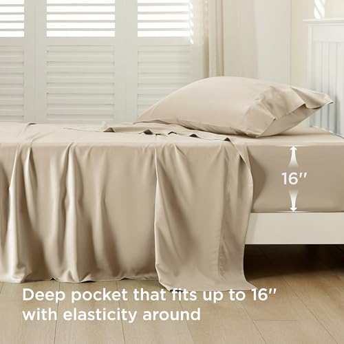 Image of Bedsure Cooling Sheets Twin XL, Rayon Derived from Bamboo, PureWoven, Breathable & Soft Twin XL Sheet Sets, Deep Pocket Up to 16 Inches, Hotel Luxury Silky Dorm Bedding for Hot Sleepers, Beige