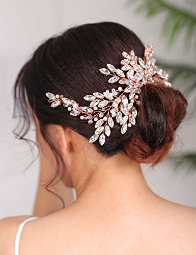 Denifery Rose Gold Bridal Hair Comb Sparkly Rhinestones Wedding Hair Comb Pearl Bridal Headpiece Rose Gold Hair Accessories For Women And Girls (Rose Gold) #TOP2