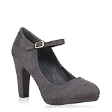  Damen Schuhe Pumps Mary Janes Veloursleder-Optik High Heels Blockabsatz 153004 Grau 38 Flandell