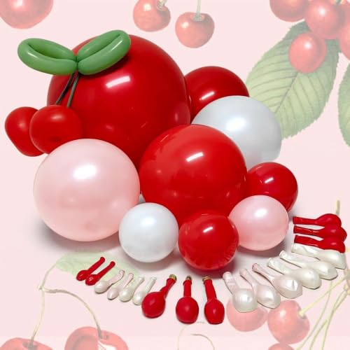 Image of Red Pink Balloon Arch Double Stuffed Latex Pink White Pearl Balloons Red Green Long Balloon Garland for Cheery On Top Baby Shower Birthday Valentines Bridal Shower Garden Berry Party Decoration
