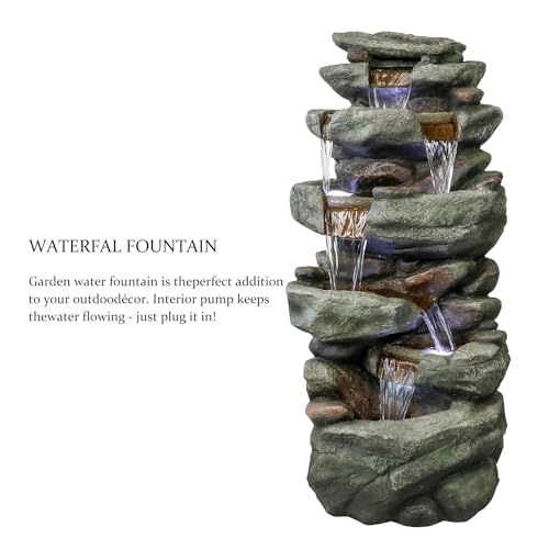 Image of SunJet 40.5 inch High Rocks Outdoor Water Fountain - 6-Tiers Cascading Waterfall with LED Lights, Soothing Tranquility for Home Garden, Yard Decor