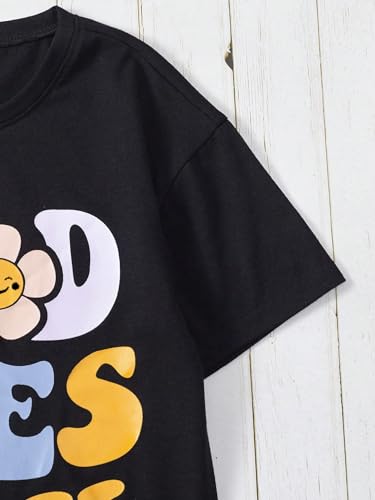 COZYEASE Girl\'s Letter Graphic Oversized T Shirts Drop Shoulder Short Sleeve Cute Shirts Loose Tee Summer Tops Black 8Y