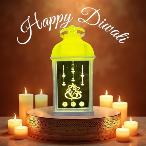 Image of Antique LED Mandir Lantern Hurricane Lamp - Flameless & Smokeless Acrylic Tent Light, Wall Hanging Candle Holder for Home, Living Room, Camping Decor (Yellow) | Popo Toys